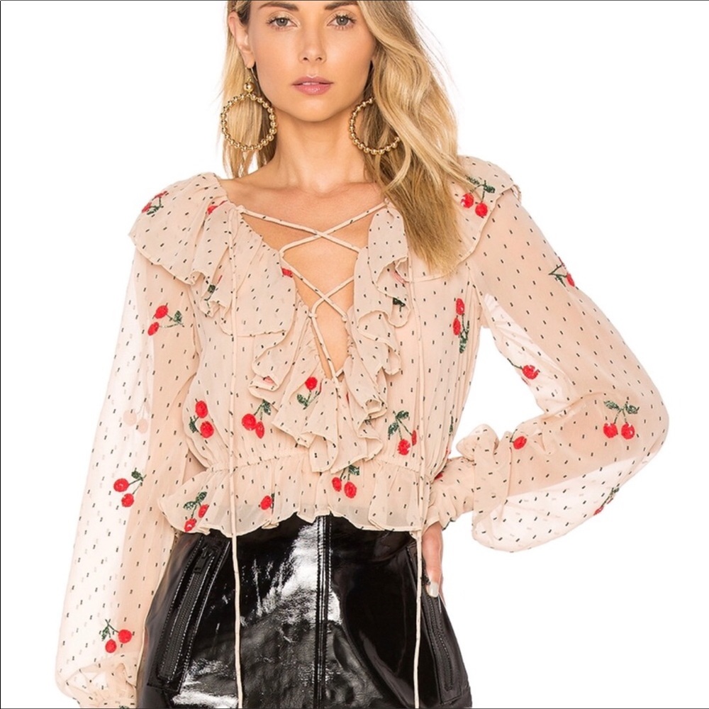 X by NBD pink Cherry Swiss dot ruffle blouse